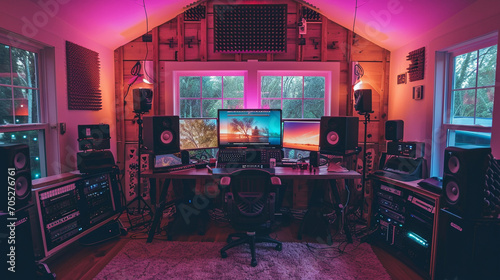 A home studio setup is a creative space where artists can create, produce, and share their work with the world. ai generated.