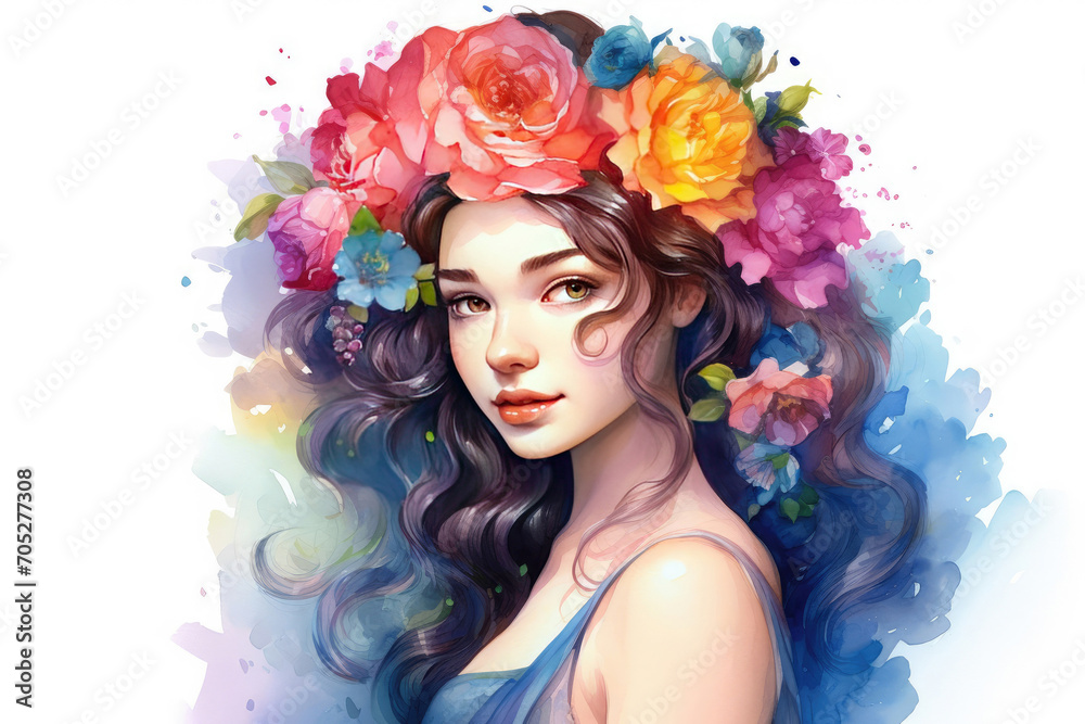 Flower spring watercolor girl on white background