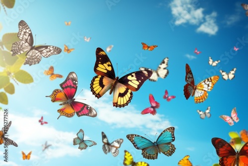 Bright blue sky with clouds and flying colorful butterflies