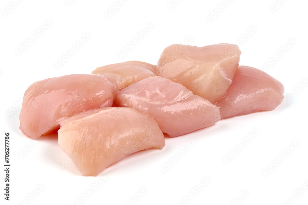 Fresh chicken fillet cubes, isolated on white background Fresh chicken fillet cubes, isolated on white background