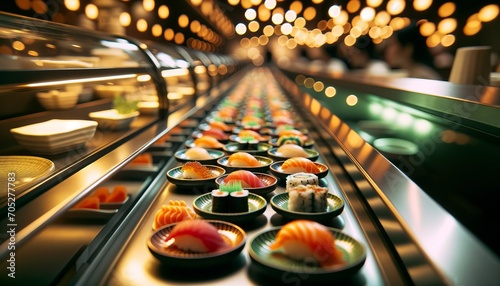 Elegant sushi dishes on a conveyor in a Japanese dining setting, highlighted by ambient lighting and culinary innovation