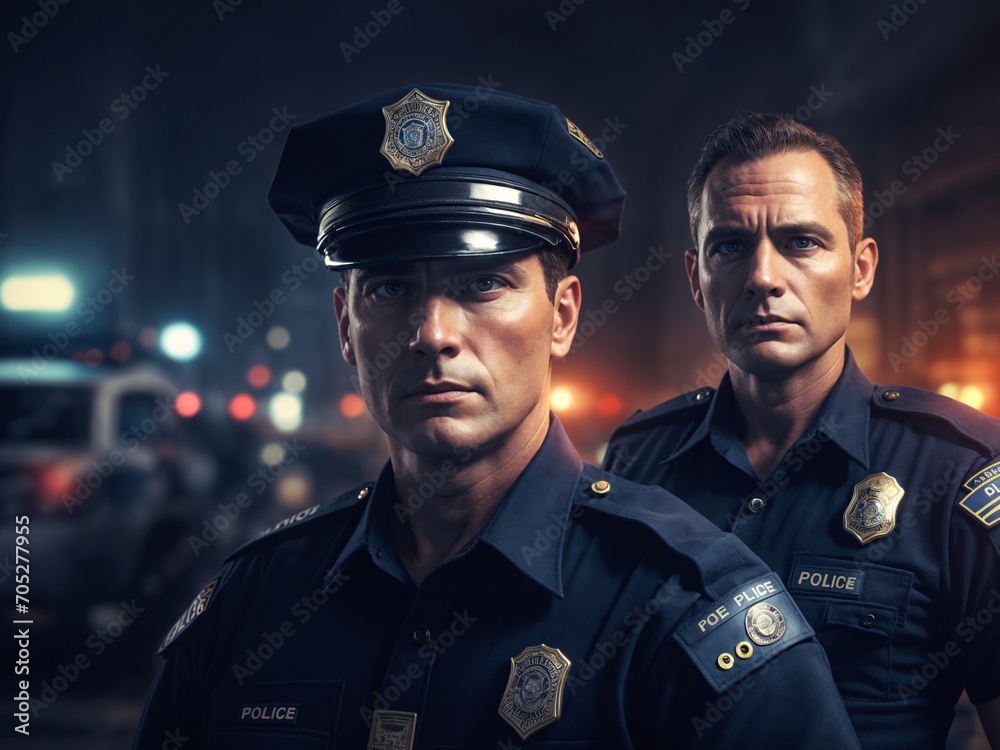 police officers, two men, one in uniform and the other not, with a police car behind in the background. realistic cinematic, on the street at night with cold lighting with warm lights. AI generated police officers, two men, one in uniform and the other not, with a police car behind in the background. realistic cinematic, on the street at night with cold lighting with warm lights. AI generated