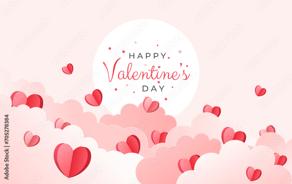 Valentine's day background. Paper cute heart in the pink cloud. Happy Valentine's Day banners, paper art style. Vector illustration