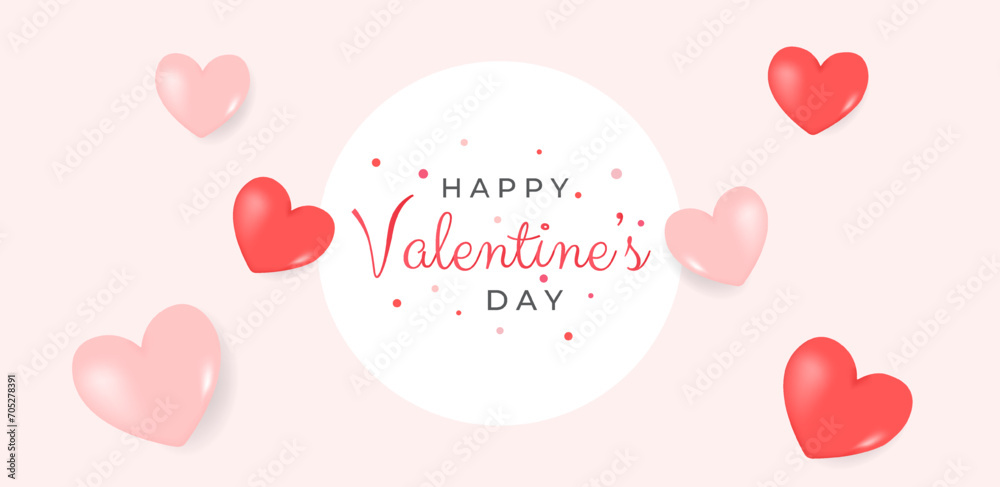 Happy Valentine day minimalistic background. Realistic pink and red hearts. Holiday sale concept. Sale banner, cover, background, poster. Vector illustration concept
