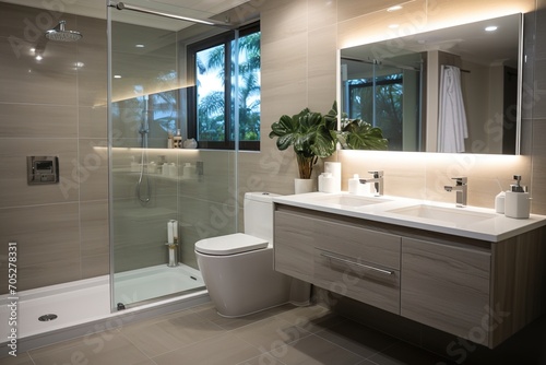 Modern bathroom interior with large shower and double vanity