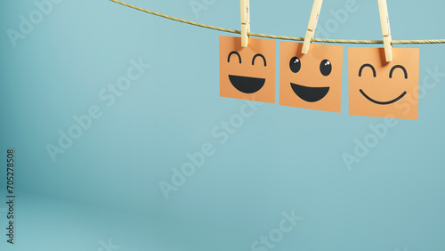 Representation in post-its papers of the feeling of accompaniment and happiness, soft light blue background, 3D illustration photo