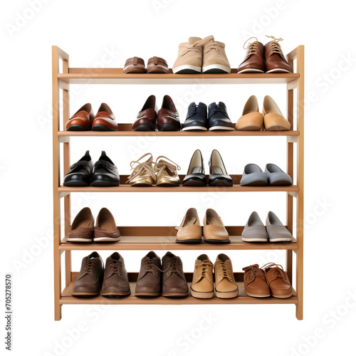 Many pairs organized on shoe rack isolated on white and transparent background