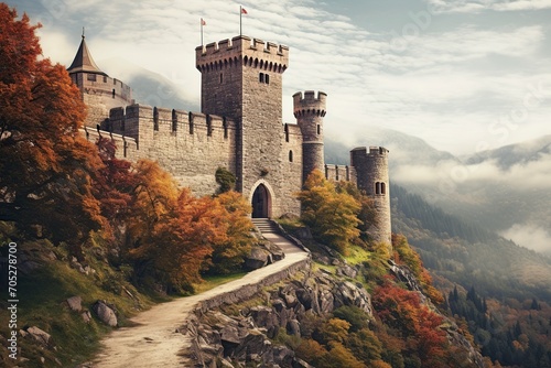 medieval castle where the imposing towers and stone walls stand out