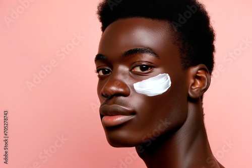 beautiful black man with hydrating white face cream swatch on the cheek, pastel peach fuzz background photo