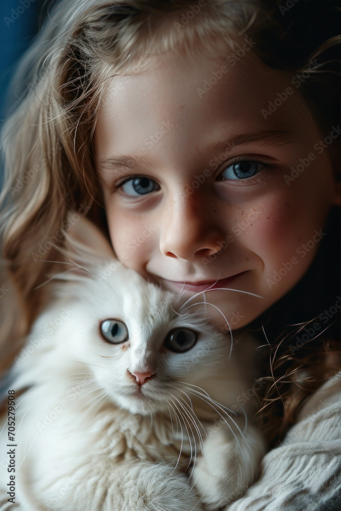 A cute portrait of a lovely little girl hugging her adorable fluffy kitten with care and tenderness.