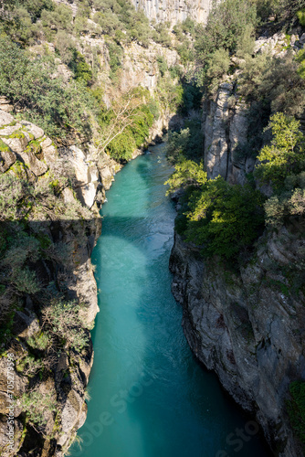 Transparent waters of Kopru River  K  pr    ay  ancient Eurymedon  with its emerald green colour in Koprulu Canyon  K  pr  l   Kanyon  National Park  Antalya  Turkey. It s a rafting paradise
