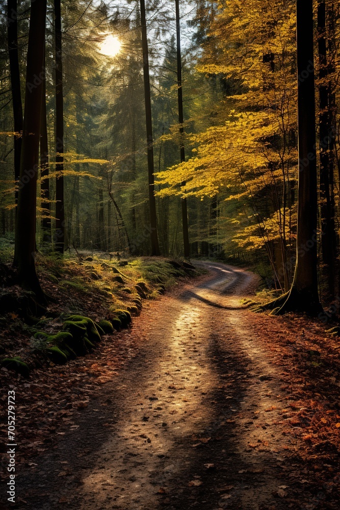 Sunlit forest path in autumn