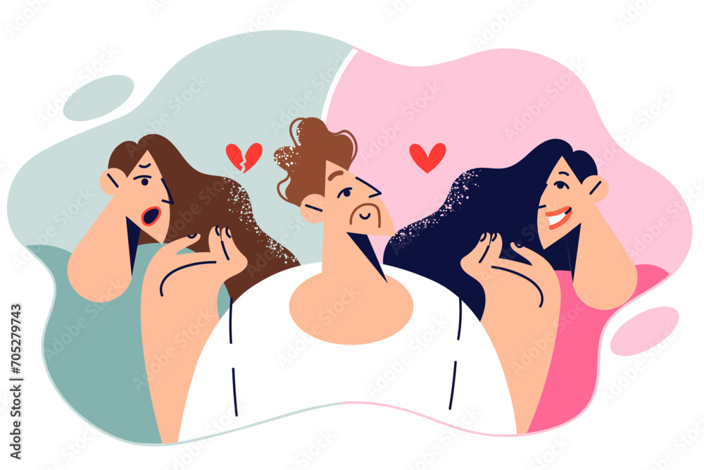 Love triangle between man and two women entangled in relationship, for concept having to make choice Love triangle between man and two women entangled in relationship, for concept having to make choice