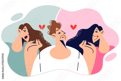 Love triangle between man and two women entangled in relationship, for concept having to make choice