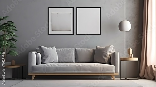 Blank picture frame mockup on gray wall. Modern living room design. View of modern loft style interior with sofa. Home staging and minimalism concept, Bright color, ultra realistic © janssen
