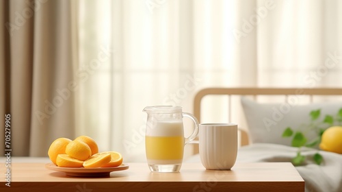 A glass pitcher and cup of orange juice on a table