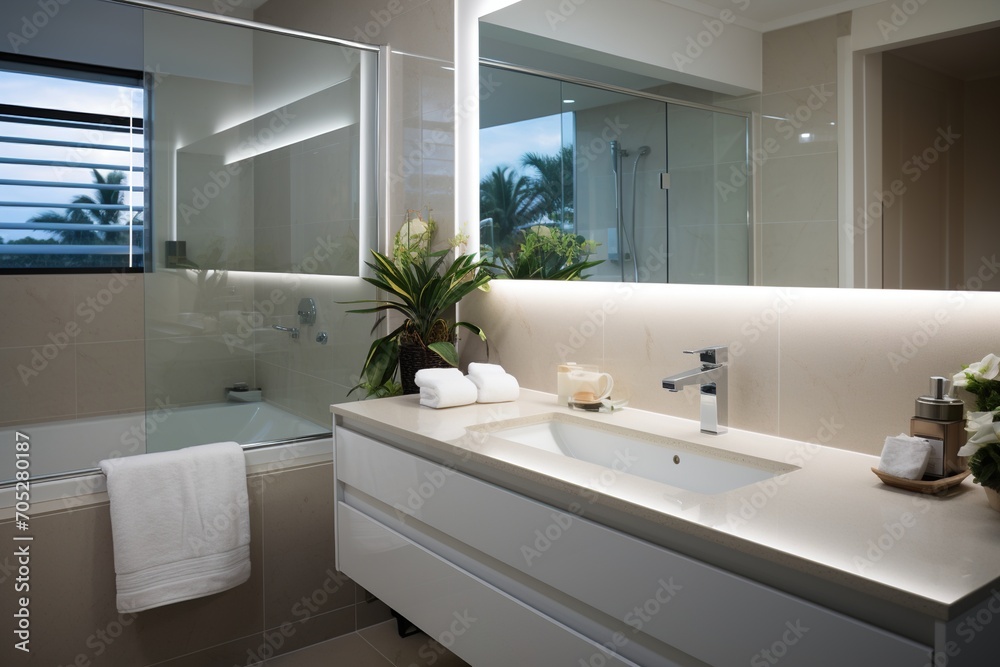 Fototapeta premium Modern bathroom interior with large mirror and double vanity