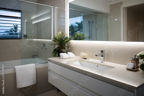 Modern bathroom interior with large mirror and double vanity
