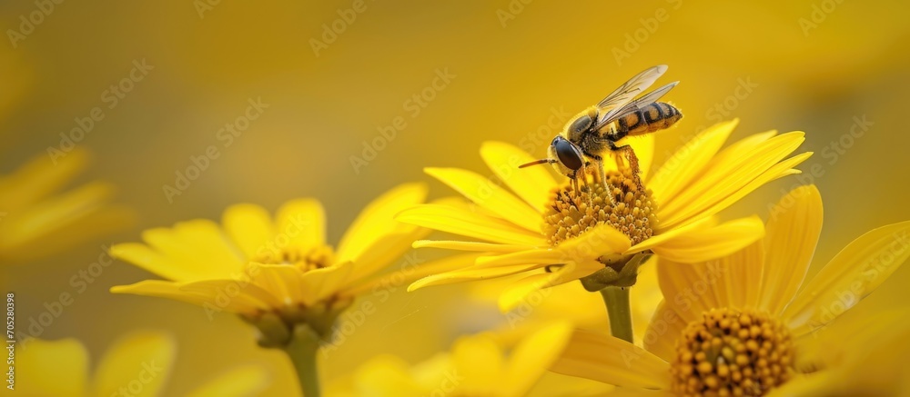 Yellow flower with hoverfly, Episyrphus balteatus. Yellow flower with hoverfly, Episyrphus balteatus.