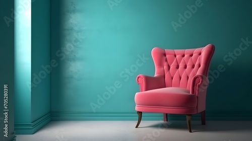The interior has a pink armchair on empty blue wall background, Bright color, ultra realistic