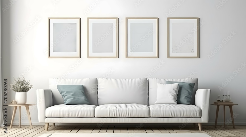 Blank picture frame mockup on white wall. Modern living room design. View of modern scandinavian style interior with sofa. Three square templates for artwork, painting, photo or poster, Bright color, - obrazy, fototapety, plakaty 