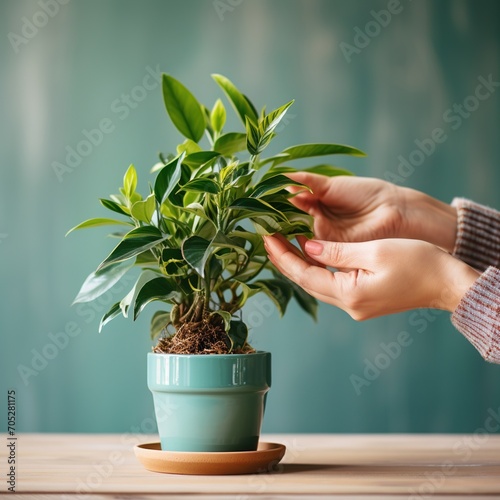 A woman s hands gently cupping a potted plant