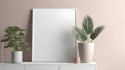 Blank picture frame mockup on wall in modern interior. Artwork template mock up in interior design. View of modern scandinavian style interior with plant in trendy vase, Bright color, ultra realistic