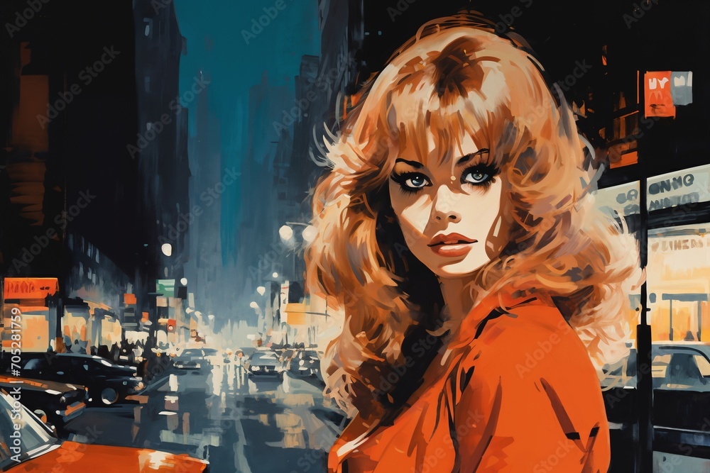 Portrait of a beautiful fashionable woman with a hairstyle, in a city street, at night. Illustration, poster in the style of 1960s Portrait of a beautiful fashionable woman with a hairstyle, in a city street, at night. Illustration, poster in the style of 1960s