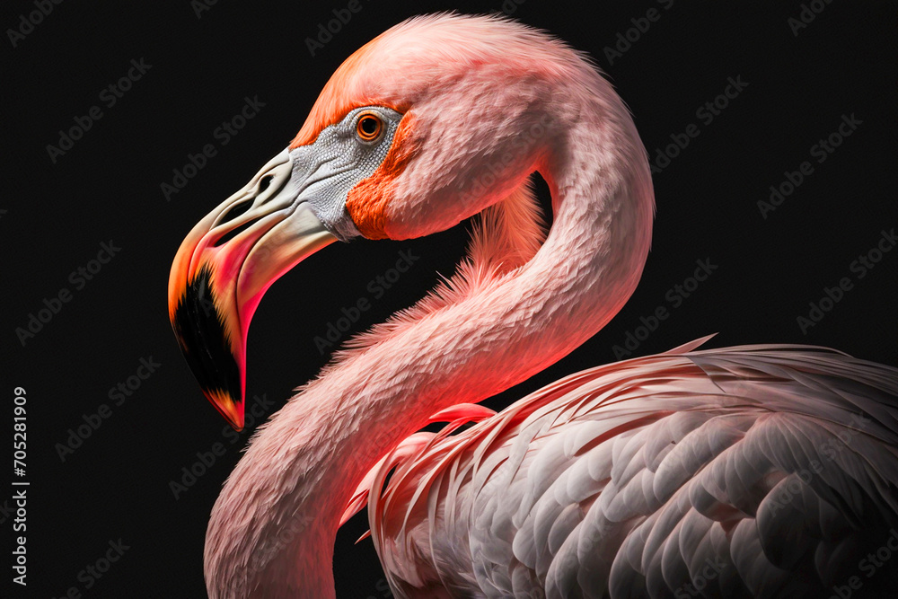 Obraz premium head of a pink flamingo close-up on a black background. generative AI