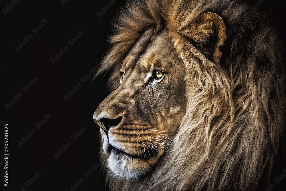 Naklejka premium lion head close-up on black background. 
