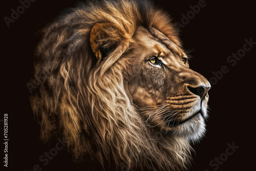lion head close-up on black background. Generative AI