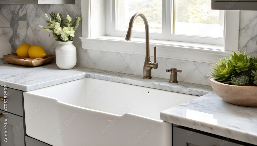 Detail image of a kitchen sink including white marble backsplash and countertop, grey cabinets, and ornamentation. Detail image of a kitchen sink including white marble backsplash and countertop, grey cabinets, and ornamentation.