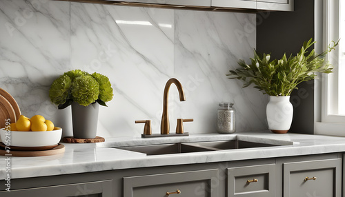 Detail image of a kitchen sink including white marble backsplash and countertop, grey cabinets, and ornamentation. photo