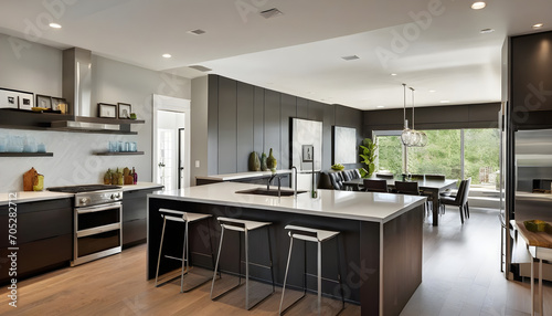 A modern kitchen features sleek and stainless