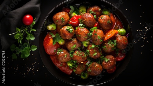 A black background is seen in the top view of a delicious meatball meal with potatoes, greens, and fresh vegetables along with free space.