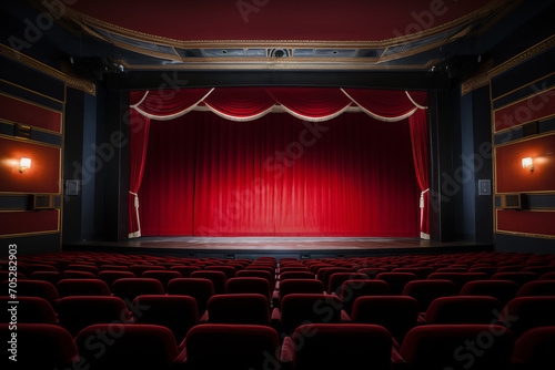 The empty cinema stage, high quality image. Spotlight illuminating red velvet curtain. Artist's album cover with theatrical vibe