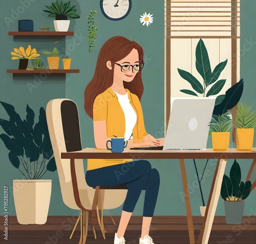Working from home - A woman working at her desk at home with a cat and plants.