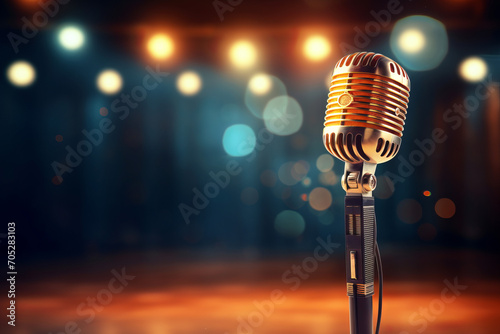 Vintage microphone with lights on stage. Marketing for a jazz club, album cover for a vintage-inspired singer, poster for a documentary on music history