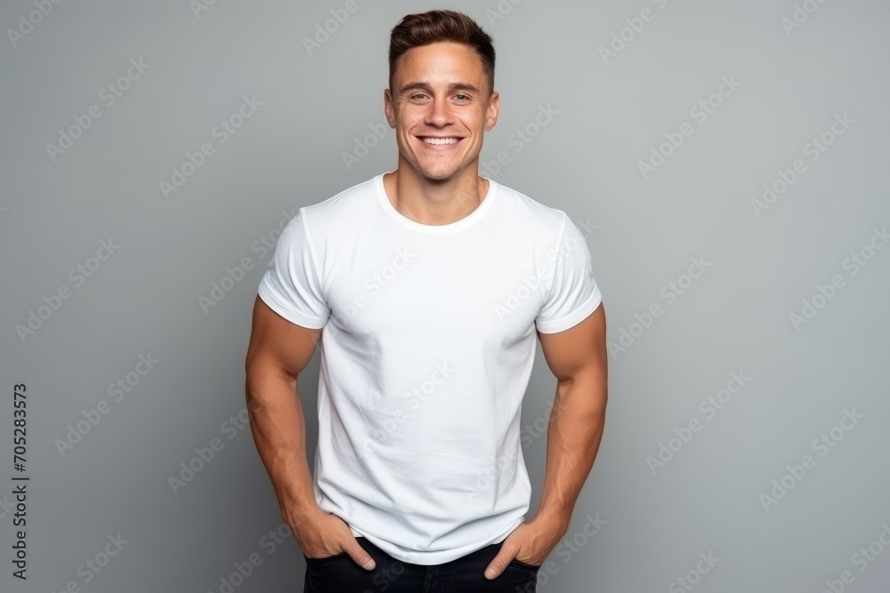 Portrait of a handsome young man in white t-shirt standing against grey background Portrait of a handsome young man in white t-shirt standing against grey background