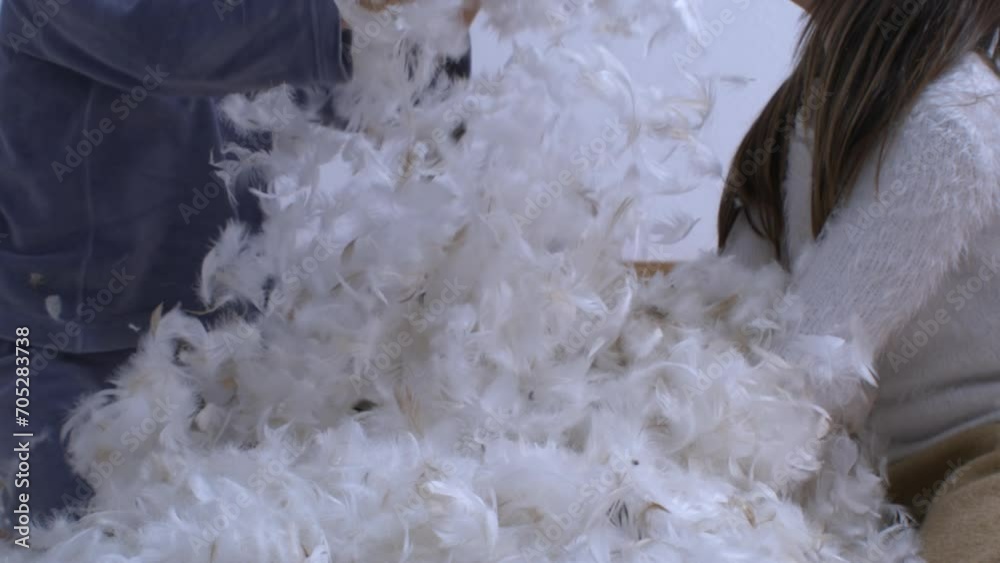 Siblings throwing thousands of feathers into the air captured in super slow motion at 1000 fps. Carefree children playing with plumage Siblings throwing thousands of feathers into the air captured in super slow motion at 1000 fps. Carefree children playing with plumage