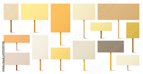 Blank colorful protest sign with wooden holder. Realistic vector demonstration banner. Strike action cardboard placard mockup