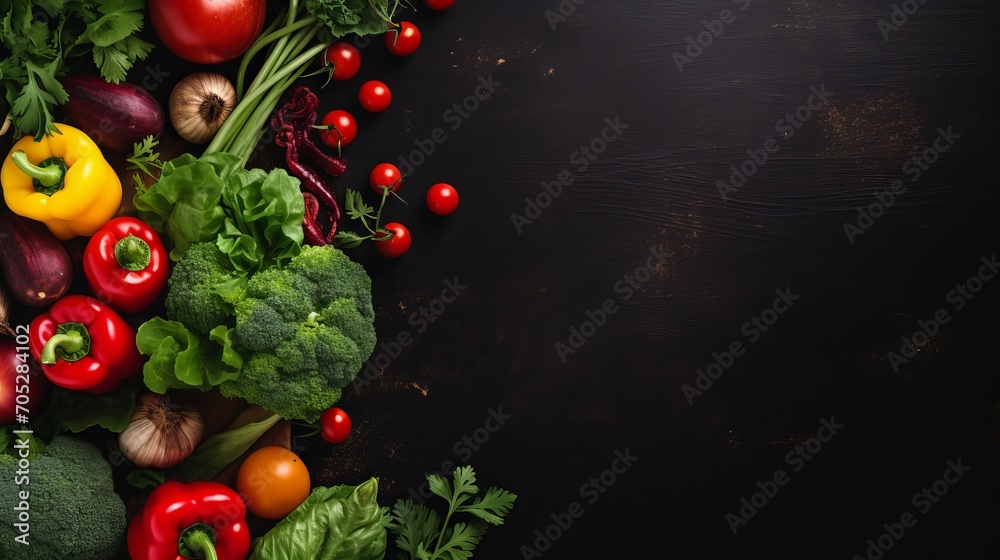 A view of fresh and ripe vegetables, greens, and dark bread loaves on a dark surface in a salad.