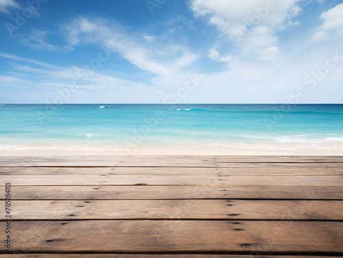 Wooden dock over blurred tropical beach and ocean