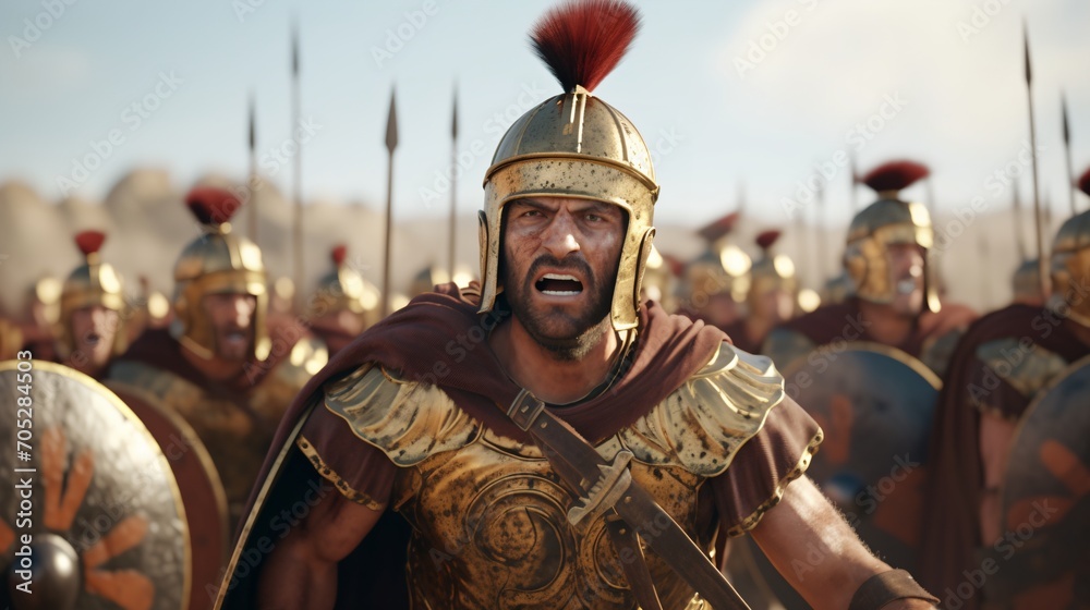Roman soldier in armor and helmet leading an army