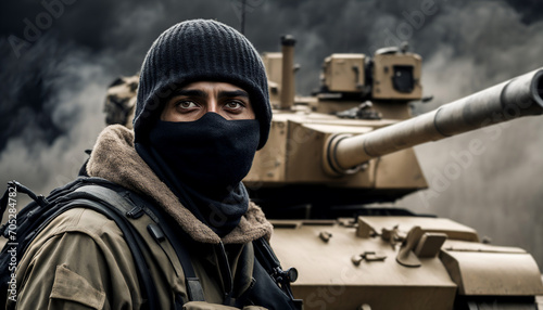 Rebel terrorist warrior with tank. Special forces in war zone