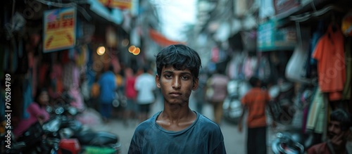 The youth stands amidst a bustling street.