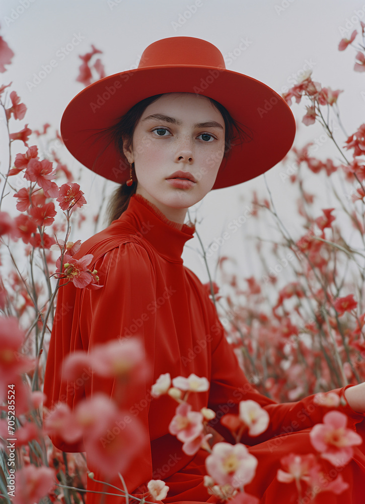 A woman in a red dress and hat in a field of flowers