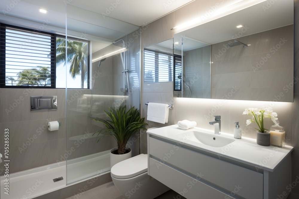 Fototapeta premium Modern bathroom interior with large windows and tropical plants