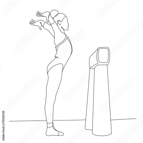 Female gymnast stand near balance beam continuous vector illustration. Artistic Gymnastics. Young woman gymnast in linear vector art. Olympic games. Sport theme.