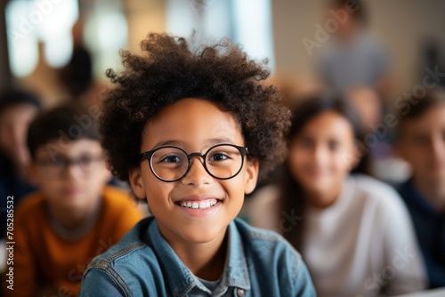 Portrait of a happy African American schoolboy wearing glasses photo